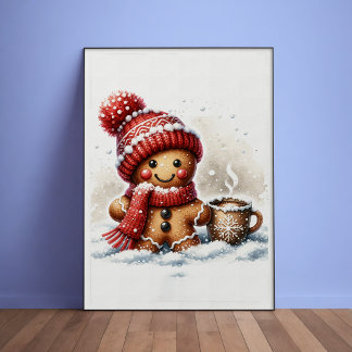 Pepparkaksgubbe med ett kaffe kopp i Snö Poster