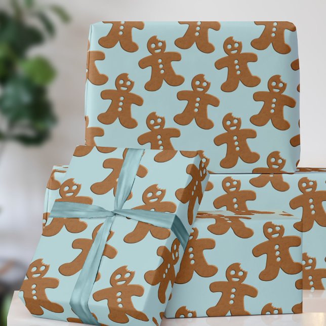Pepparkaksgubbe Mönster: Papper julafton Presentpapper (A fun and festive gingerbread cookie pattern on a robin egg blue. Not traditional but full of joy!)