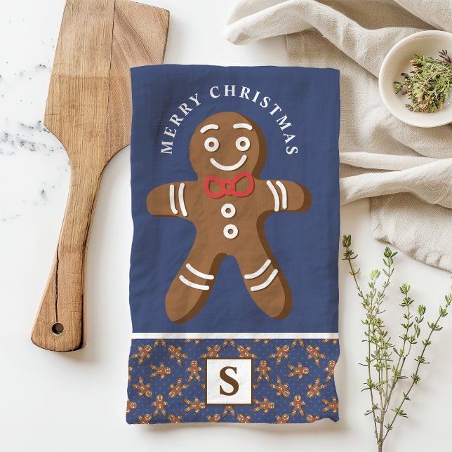 Pepparkaksgubbe Navy Monogram God jul Kökshandduk (Skapare uppladdad)