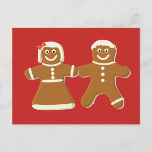 pepparkaksgubbe och kvinna på röd vykort