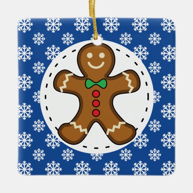 Pepparkaksgubbe på Blå Vita Snöflingor Mönster Julgransprydnad Keramik (Framsida)