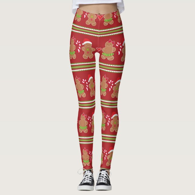 Pepparkaksgubbe Red and Grönt Vågrät Rand Leggings (Framsida)