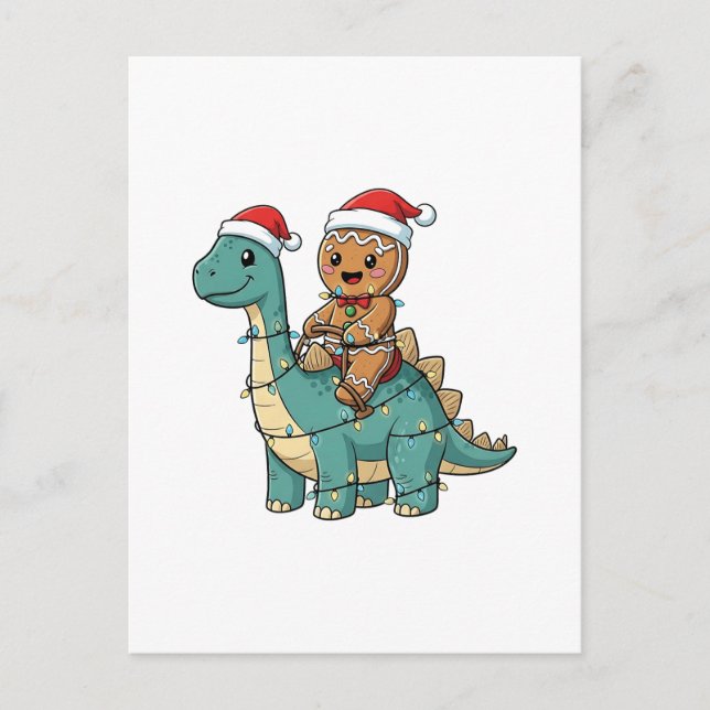 Pepparkaksgubbe ridning på en dinosaurie jul  inbjudan vykort (Framsida)