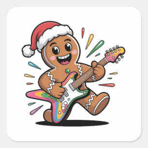 Pepparkaksgubbe som spelar Guitar Electric Santa Fyrkantigt Klistermärke