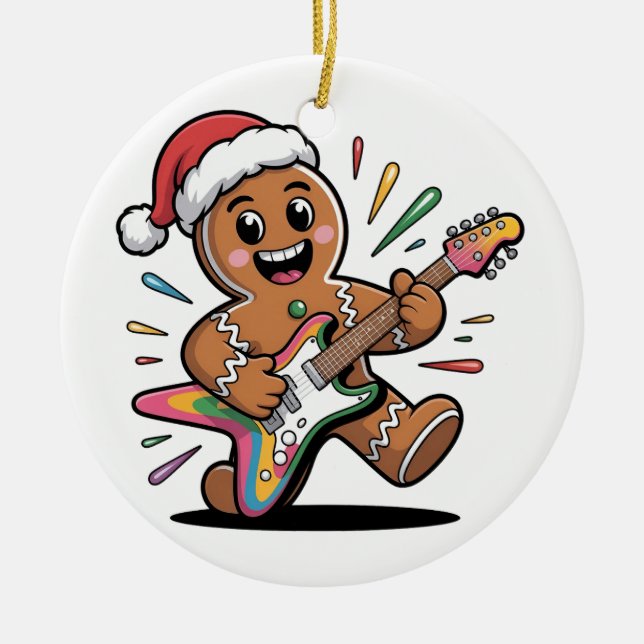 Pepparkaksgubbe som spelar Guitar Electric Santa Julgransprydnad Keramik (Framsidan)