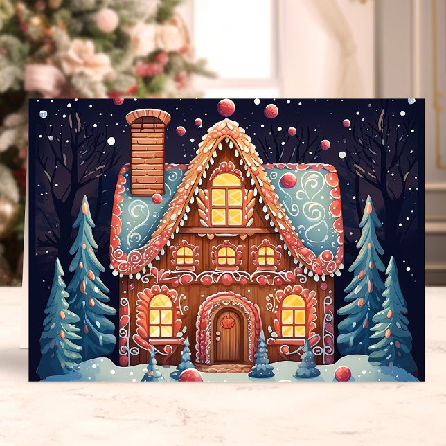 Pepparkakshus i snöig skog helgkort (Skapare uppladdad)