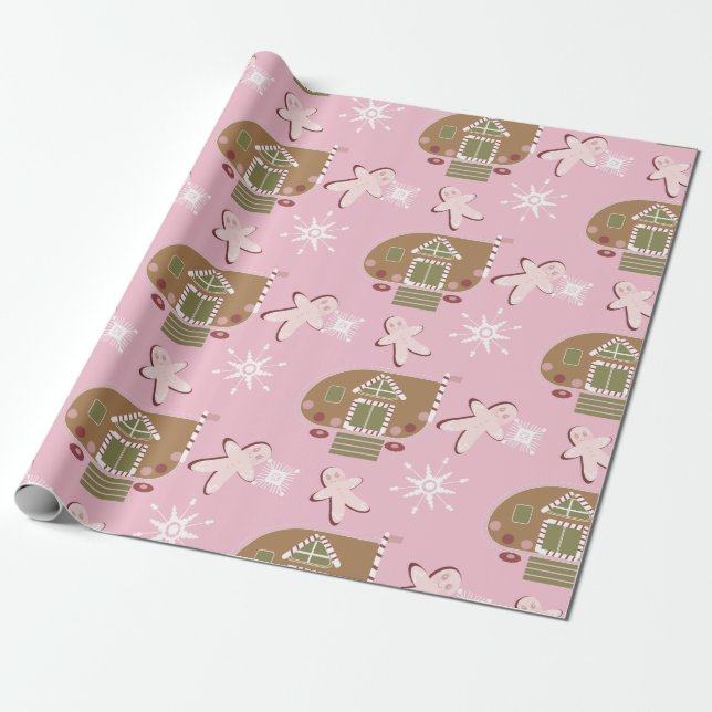 Pepparkakshus kakor rosa snöflingor  presentpapper (Utrullad)