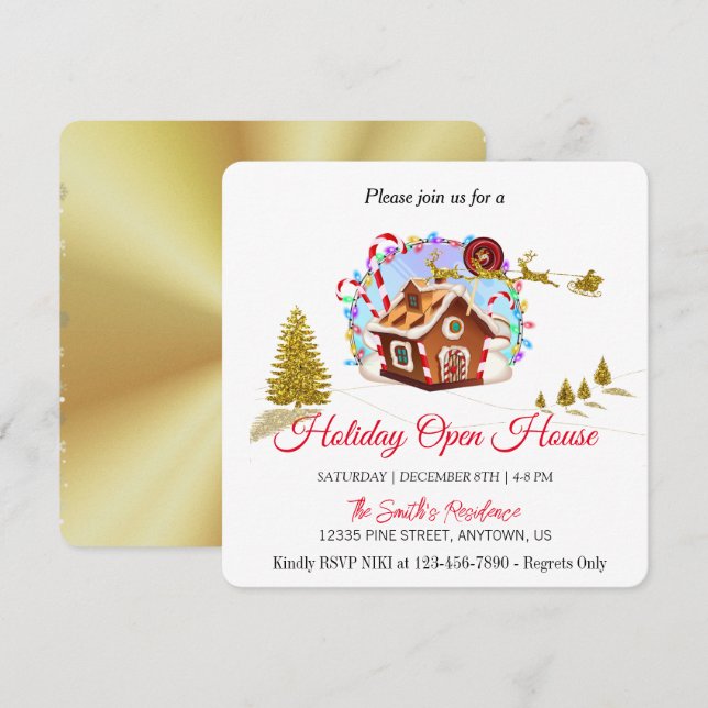 Pepparkakshus och gyllene jul tomte ferie C Julkort (Fram/baksida)