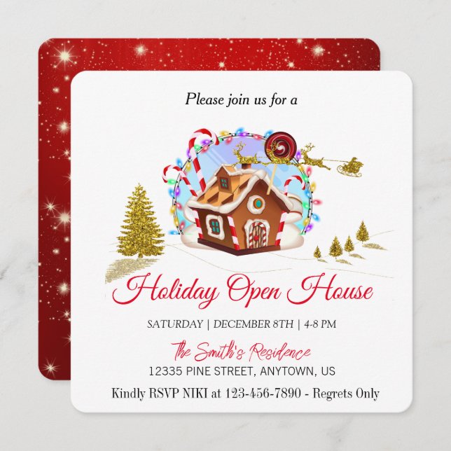 Pepparkakshus och gyllene jul tomte jul  julkort (Fram/baksida)