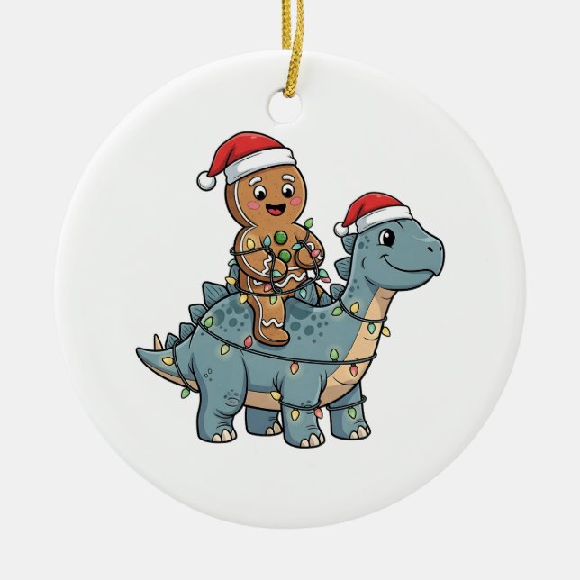 Pepparkakskridande på en dinosaurie jul tomte julgransprydnad keramik (Framsidan)
