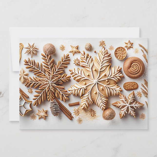 Pepparkakssnöflingor med gyllenglitter julkort (Framsida)