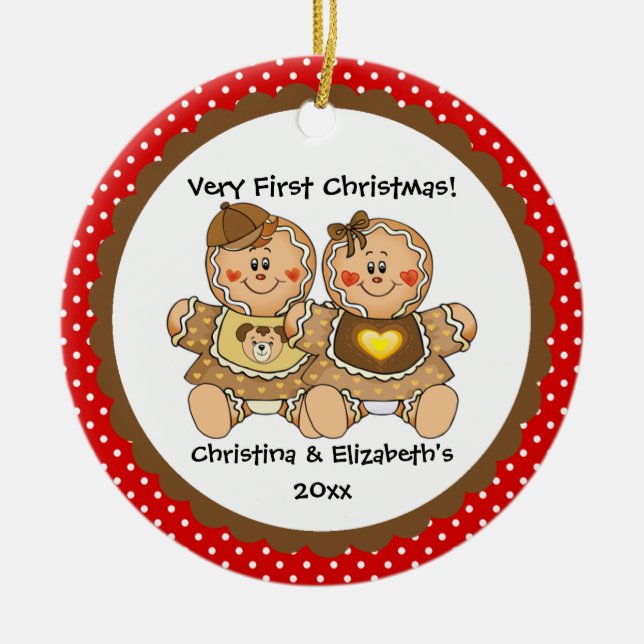 Pepparkakstvillingar Baby's First Christmas Orname Julgransprydnad Keramik (Framsidan)