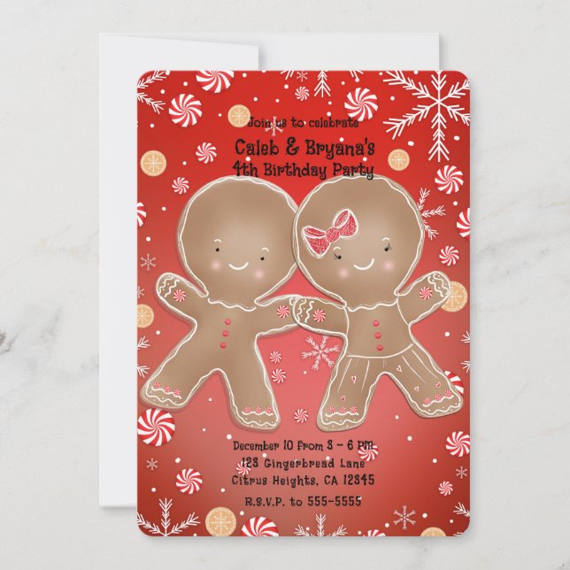 Pepparmynta Gingerbread Pojke & Flicka Födelsedags Inbjudningar (Framsida)