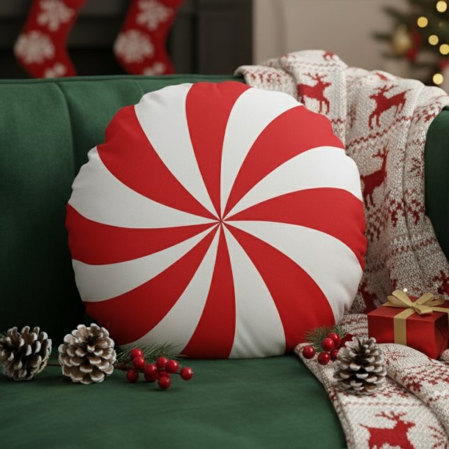 Pepparmyntkonfekt Virvel Röd Jul Högtid Rund Kudde (Peppermint Candy Swirl Red Christmas Holiday Round Pillow
)