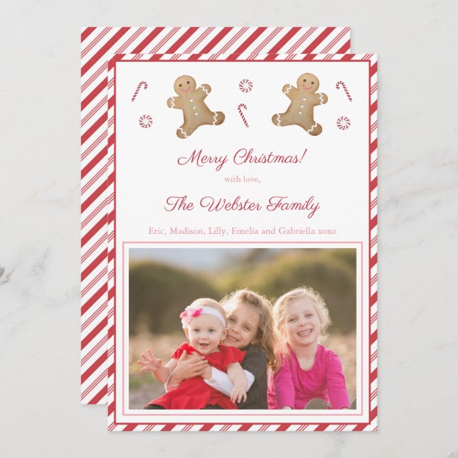 Pepparmyntsränder Pepparkaksgubbe Röd Rosa Bild Julkort (Fram/baksida)