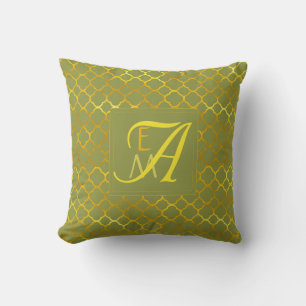 Pepper Stem Quatrefoil MONOGRAM Grönt Guld Bröllop Kudde