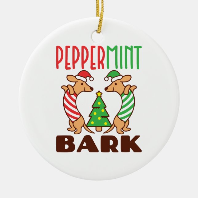 Peppermint Bark Cute Jul Dachshund Doxie Julgransprydnad Keramik (Framsidan)