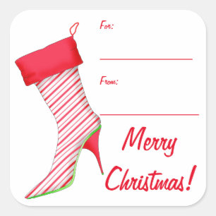 Peppermint High Heel Boot Stocking Art Gift Label Fyrkantigt Klistermärke