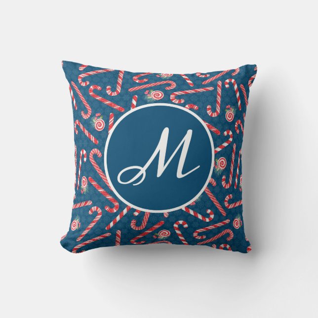 Peppermint jul, Candy cane Blue Monogram Kudde (Framsida)