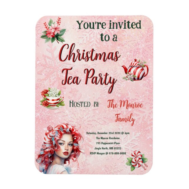 Peppermint jul Tea Party Rosa Snowflake Magnet (Vertikal)