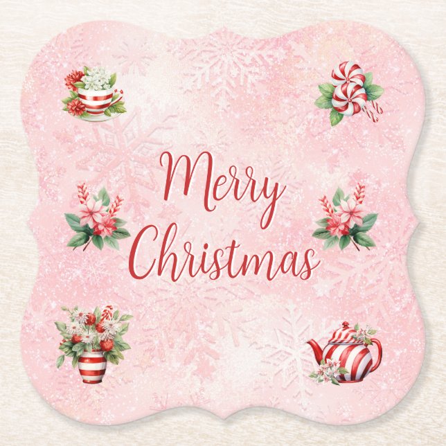 Peppermint jul Tea Party Rosa Snowflake Underlägg Papper (Framsida)