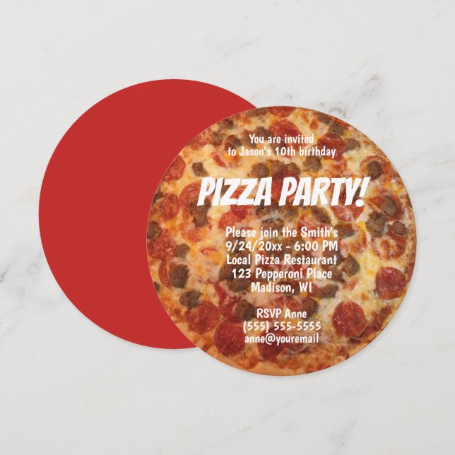 Pepperoni korv Foto Födelsedags Pizzafest Inbjudningar (Fram/baksida)