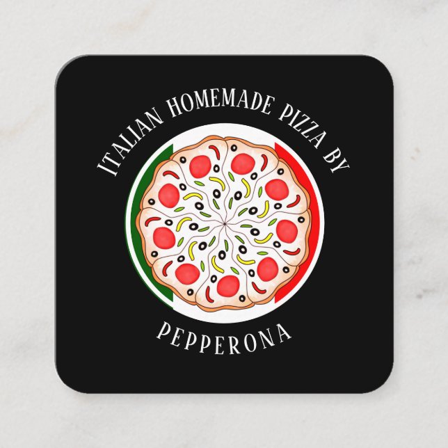 Pepperoni pizza italiensk flagga black professione fyrkantigt visitkort (Framsida)