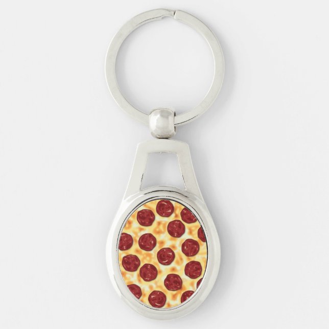 Pepperoni Pizza Mönster Ovalt Silverfärgad Nyckelring (Framsidan)
