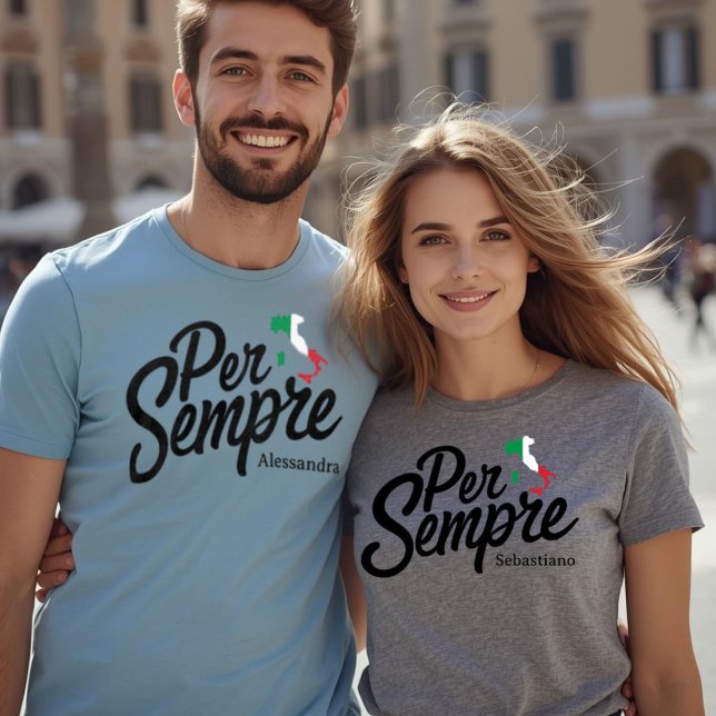 Per Sempre Personlig T-Shirt för Matchande Par (Per Sempre (Italian for "Forever") personalized couples matching wedding t-shirts)