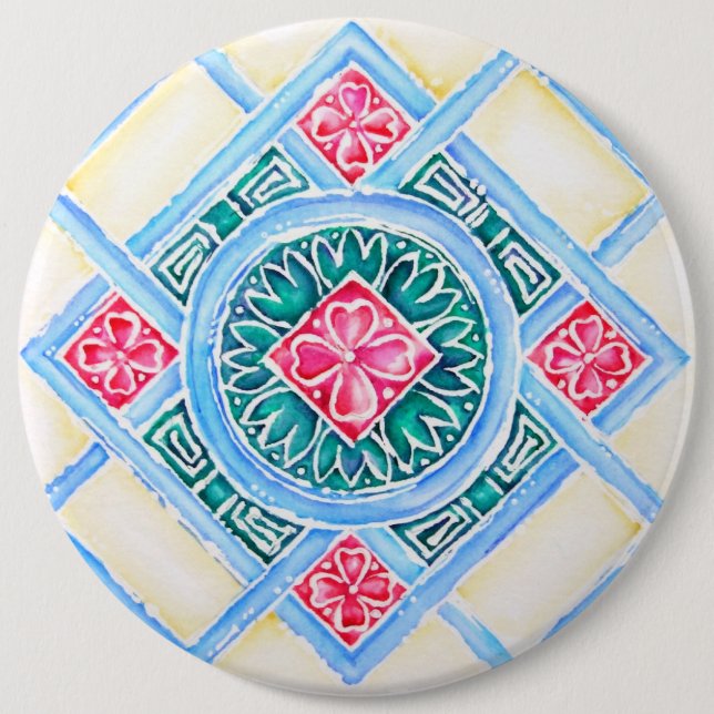 Peranakan Geometric Tile Teal Round Knapp (Framsida)