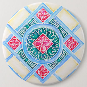 Peranakan Geometric Tile Teal Round Knapp