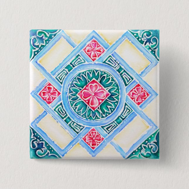 Peranakan Geometric Tile Teal Square Knapp (Framsida)