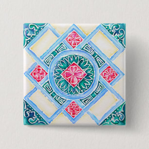 Peranakan Geometric Tile Teal Square Knapp