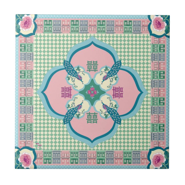 Peranakan Peacock Double Happiness Tile – Pastel N Kakelplatta (Framsidan)