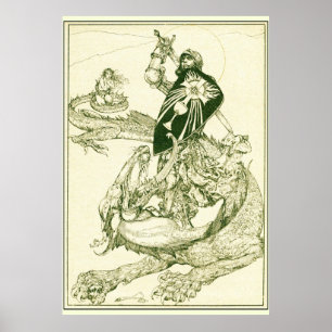 PERCEVAL FIGHING DRAGON,QUEST HELIGA GRAIL Fantasy Poster