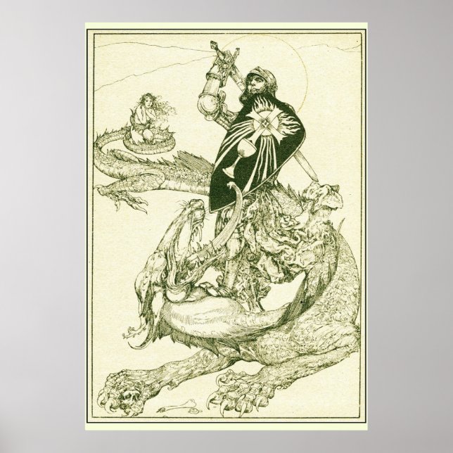PERCEVAL FIGHING DRAGON,QUEST HELIGA GRAIL Fantasy Poster (Framsidan)