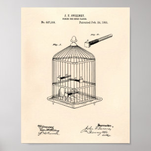 Perch for Bird Cages 1891 Patent Art Old Peper Poster