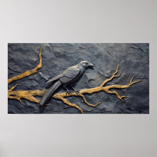 Perched Raven in bas relief on skiate wall Poster