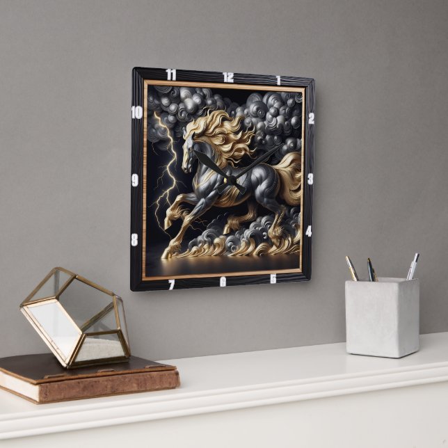 Percheron Horse Time: Guld Metall, Anpassningsbar  Fyrkantig Klocka (Kontor)