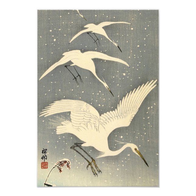 Perching Herons i Snö av Ohara Koson Fototryck (Framsidan)