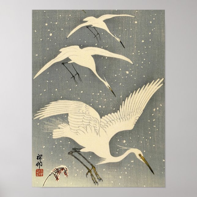 Perching Herons in Snö, 1936 av Ohara Koson Poster (Framsidan)