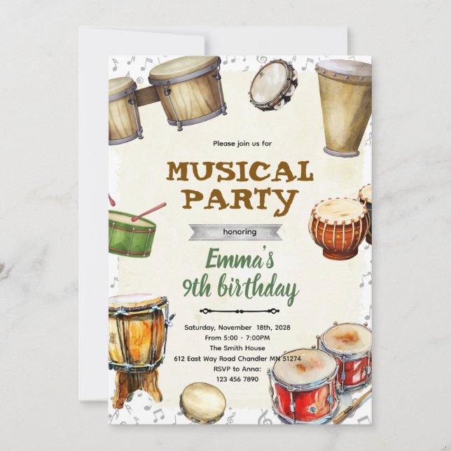 Percussion Birthday party Invitation Inbjudningar (Framsida)