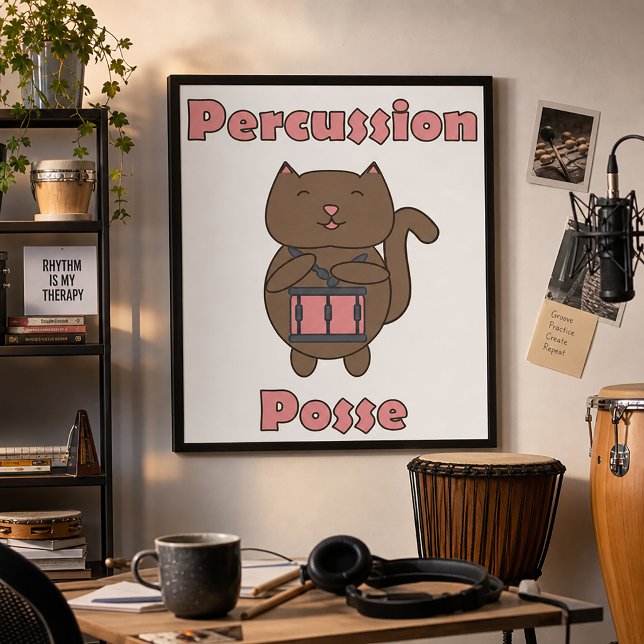 Percussion Posse - Söt trumkatta Poster (A poster featuring a brown kawaii cat playing the snare drum and the text percussion posse.)