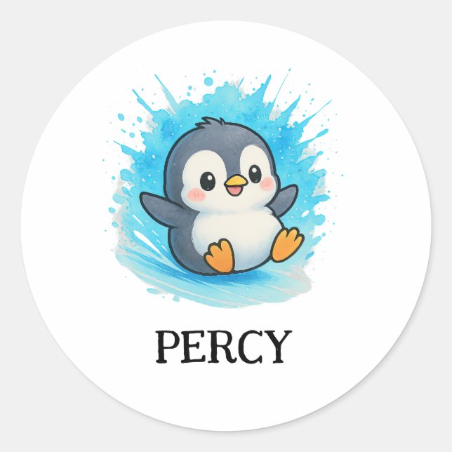 Percy Penguin Klistermärke – Söt Djur Namn Etikett (Framsida)