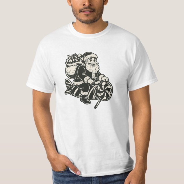 Père Noël rétro sur fusée sucre d’orge stylisée. T Shirt (Framsida)