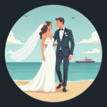 Perfect Beach Wedding Sticker Runt Klistermärke<br><div class="desc">Adorn your wedding gifts with this charming illustration of a bride and groom on the beach!</div>