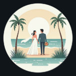 Perfect Beach Wedding Sticker Runt Klistermärke<br><div class="desc">Celebrate your romantic beach wedding moment with this adorable sticker! A stylish couple in wedding attire stands hand in hand,  gazing at the sunset by the ocean,  flanked by swayingng palm trees.</div>