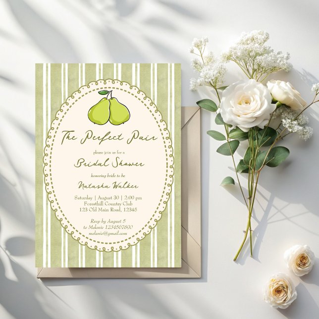 Perfect pair sage green stripe pear bridal shower inbjudningar (Perfect pair sage green stripe pear bridal shower invitation cards template
)