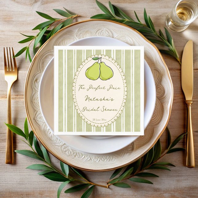 Perfect pair sage green stripe pear bridal shower pappersservett (Perfect pair sage green stripes pear bridal shower personalized napkins)