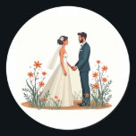 Perfect Wedding Moment Sticker Runt Klistermärke<br><div class="desc">Adorable illustration of a bride and groom holding hands,  surrounded by vibrant orange flowers,  perfect for wedding celebrations and gifts.</div>
